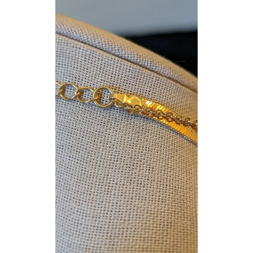 Gold Tone Double Layer Wide Herringbone & Druzy Bar Necklace